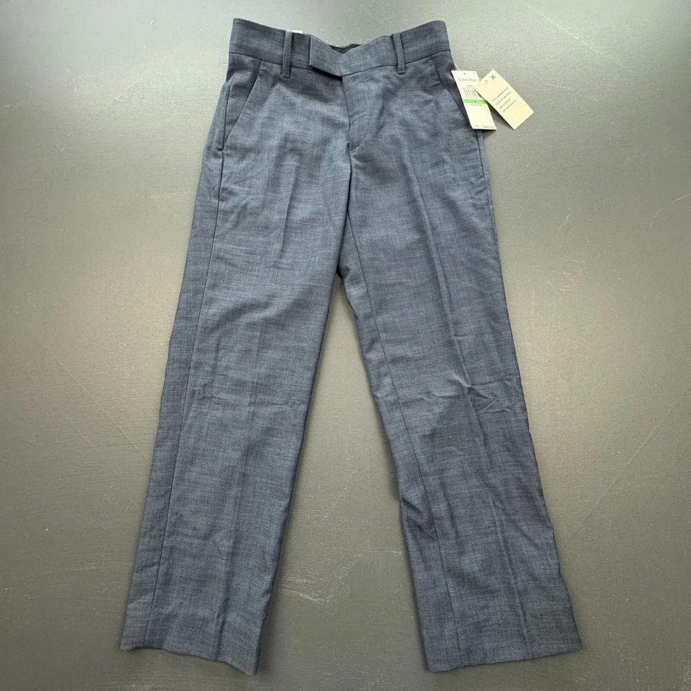 Calvin Klein Dress Pants Boys 8 Slim Fit Flat Front Stretch Navy Blue Casual NWT - Picture 1 of 11